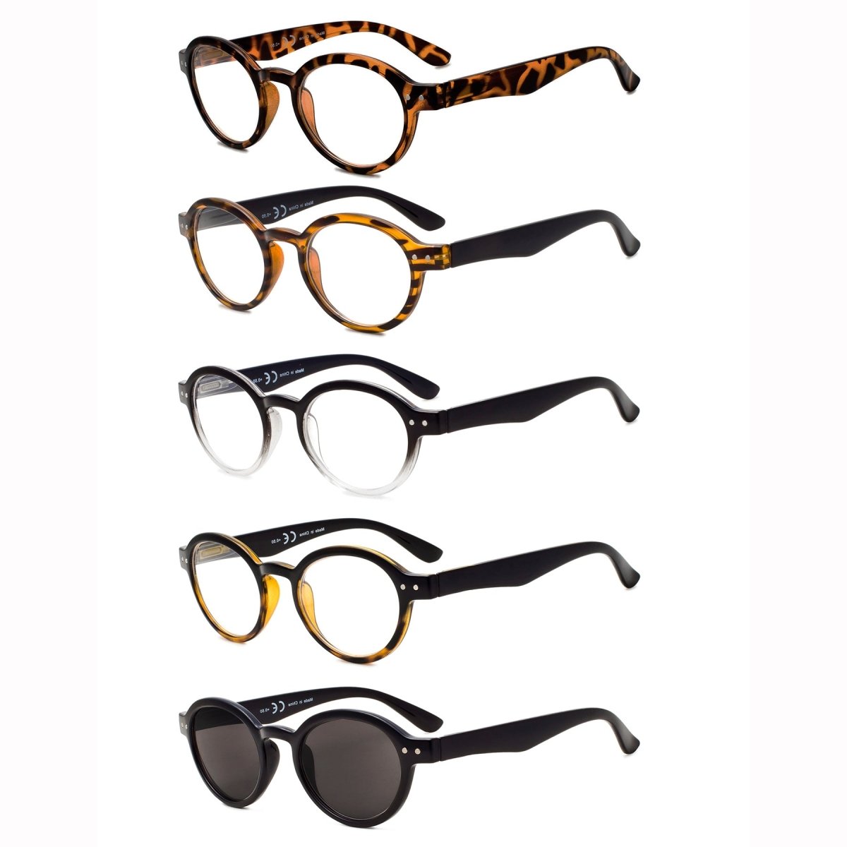 5 Pack Retro Round Reading Glasses Include Sunglasses Men –