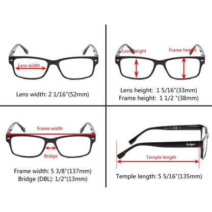 3 Pack Classic Rectangle Reading Glasses Narrow Lens R108