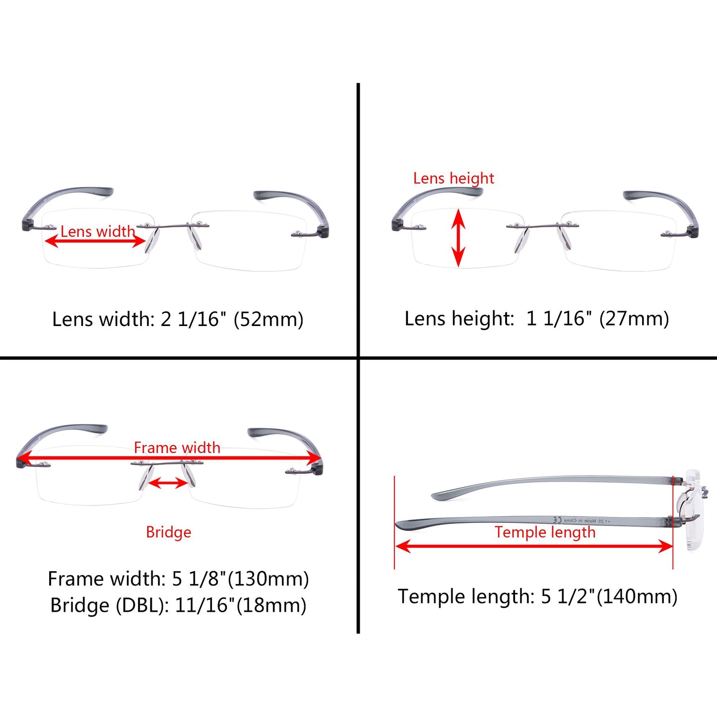 6 Pack Small Classic Rectangle Reading Glasses Rimless Readers R14001