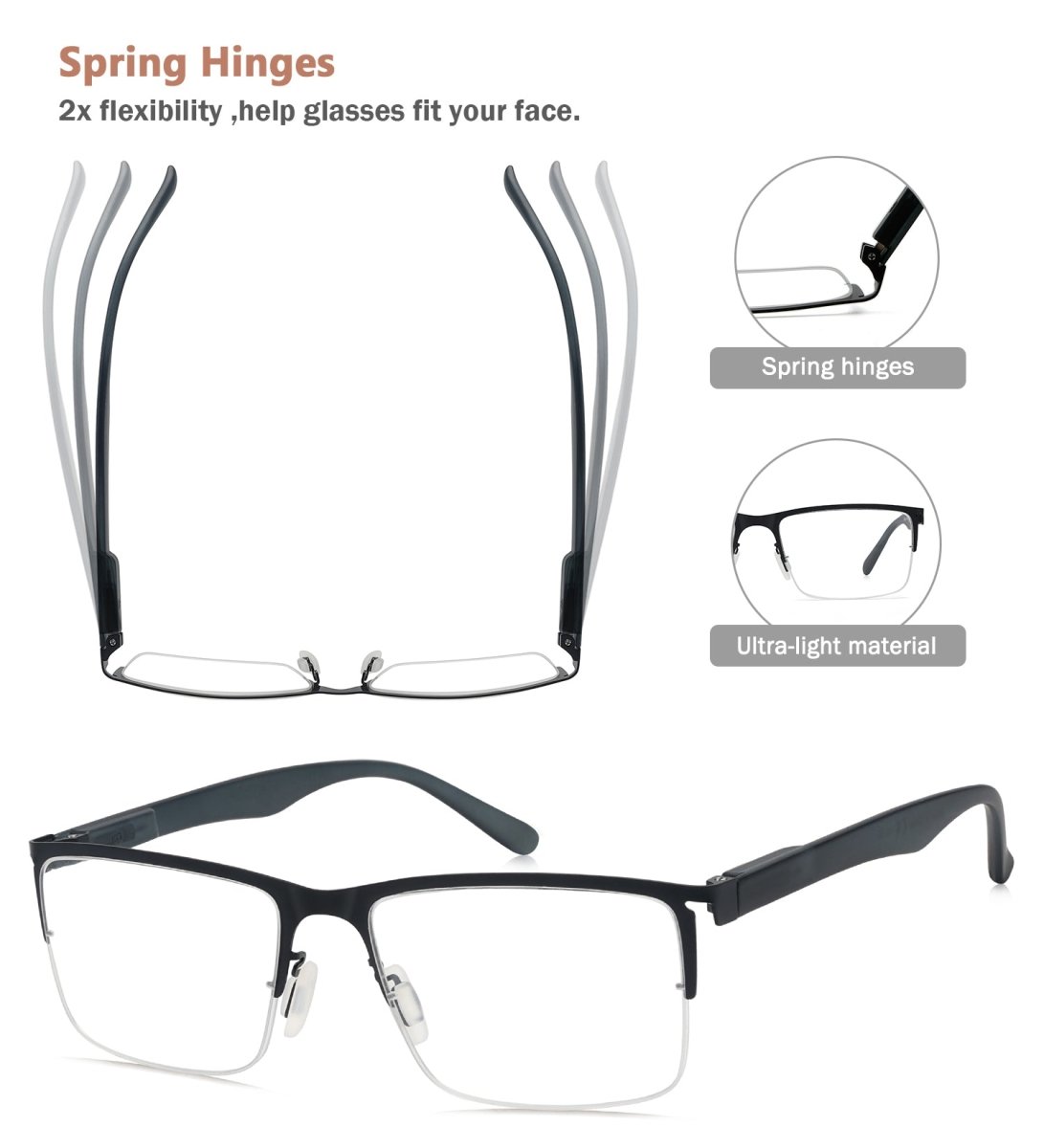 4 Pack Lightweight Metal Rectangle Reading Glasses Women Men 1269