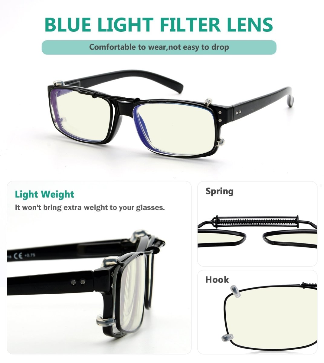 Clip on Reading Glasses +1.00 Blue Light Filter Lenses